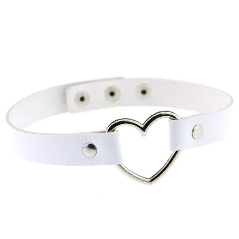 Handmade white PU leather heart choker necklace with zinc alloy heart detail, perfect for gothic and punk outfits.