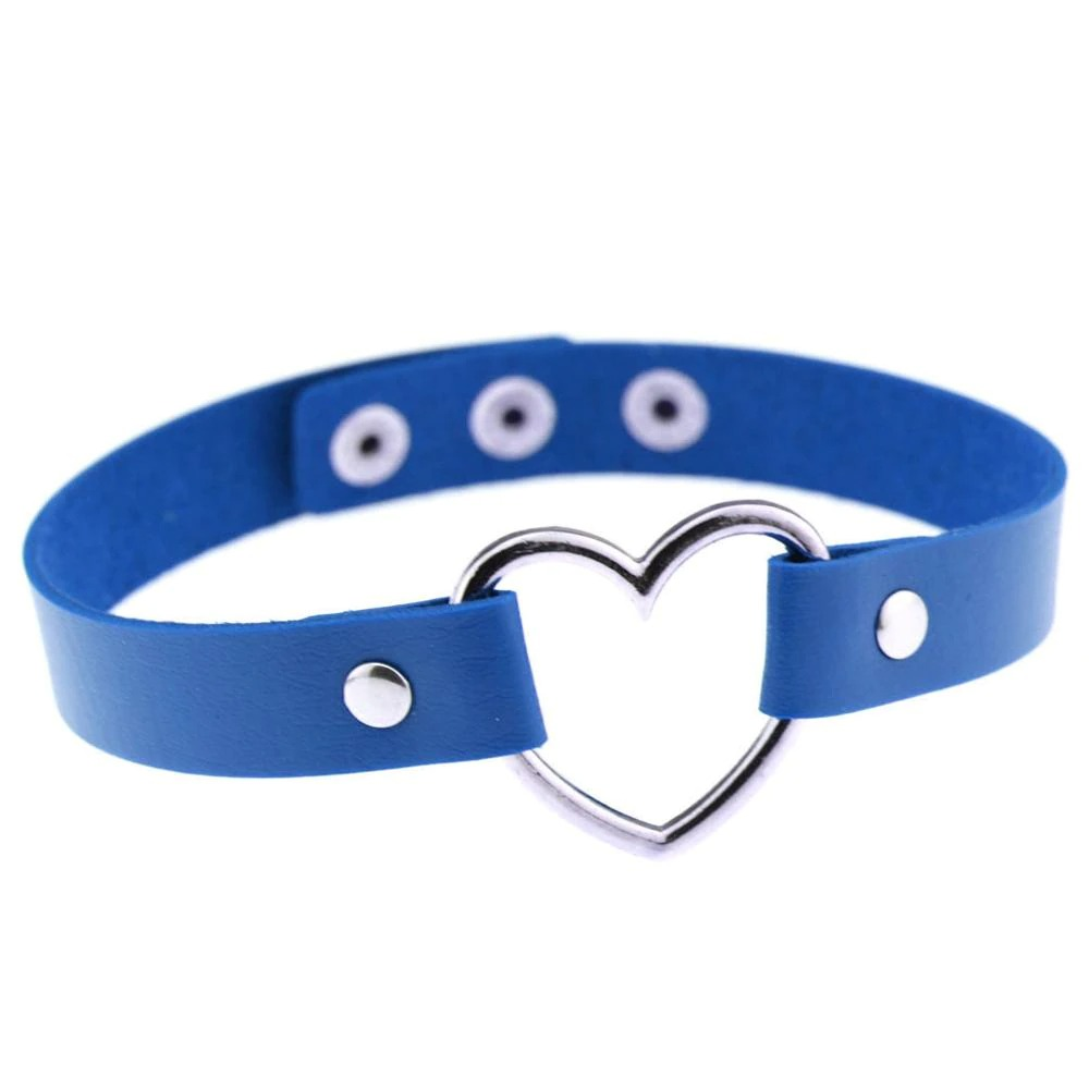 Blue PU leather heart choker necklace with silver heart detail for women's gothic and punk style outfits.