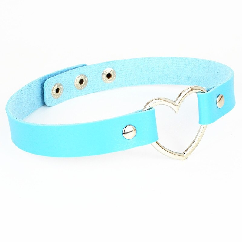 Handmade blue PU leather heart choker necklace, perfect for gothic and punk style outfits.
