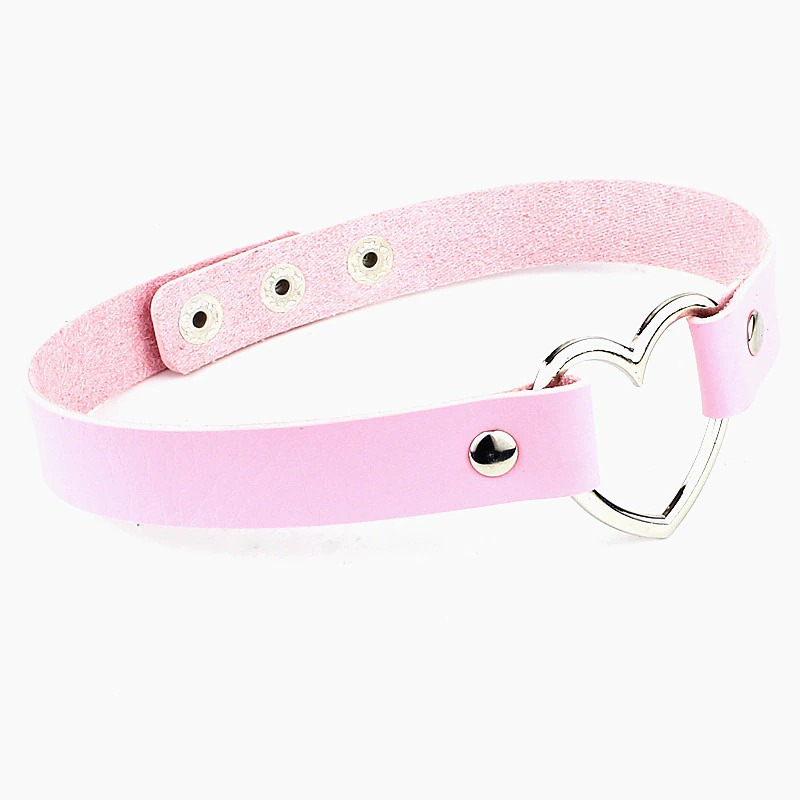 Handmade pink PU leather heart choker necklace with metal heart detail, perfect for gothic and punk style outfits.