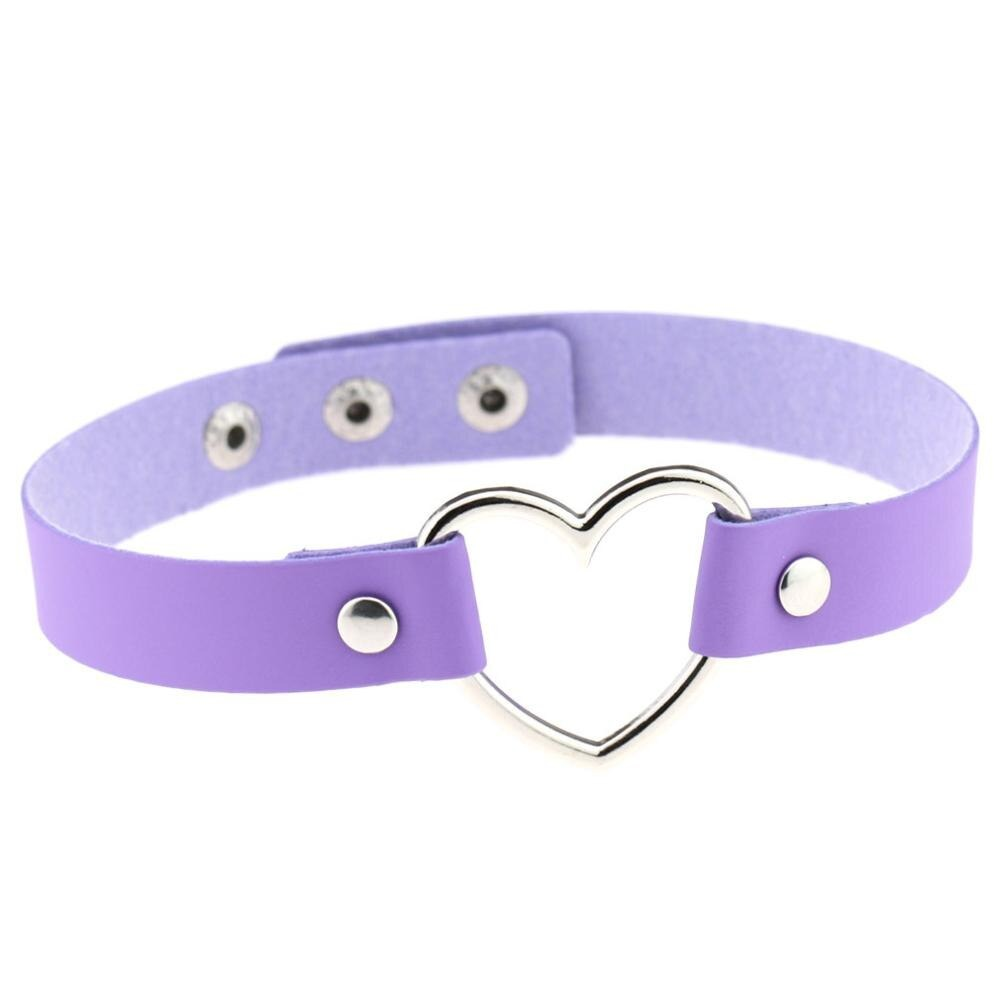 Handmade purple PU leather heart choker necklace with zinc alloy heart detail for gothic and punk style outfits.