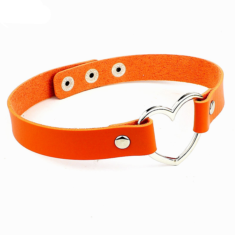 Handmade orange PU leather heart choker necklace, perfect for gothic and punk outfits.