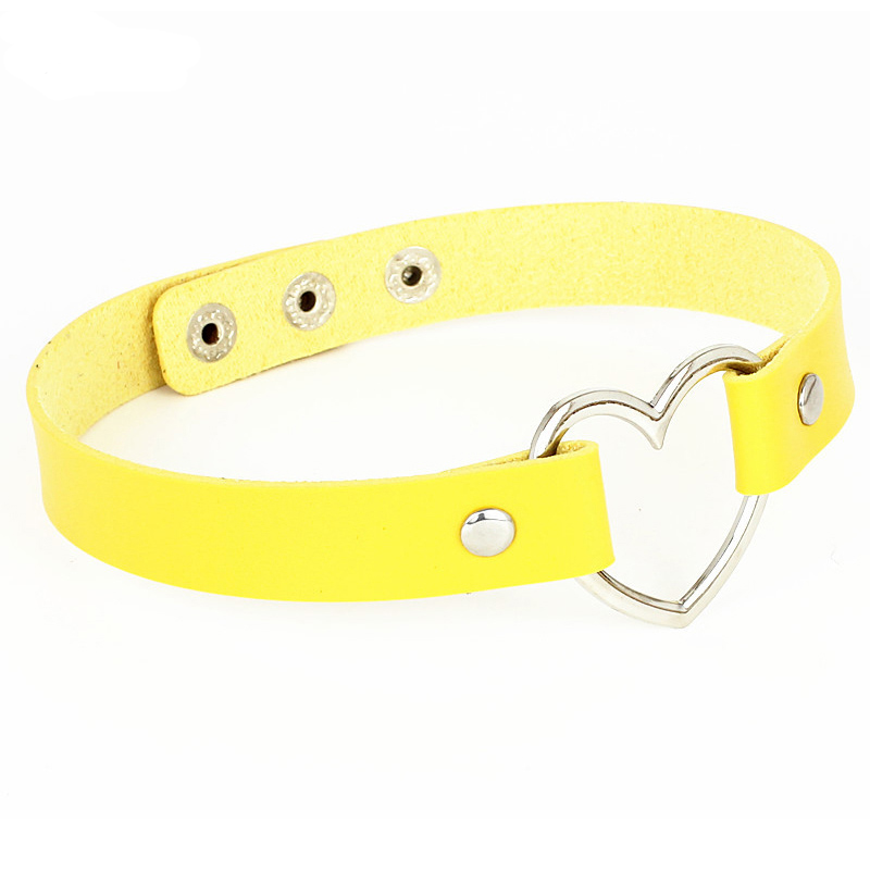 Handmade yellow PU leather heart choker necklace for a stylish gothic and punk look.
