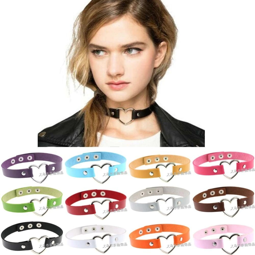 Handmade PU leather heart choker necklace in various colors, showcasing gothic style and edgy fashion.