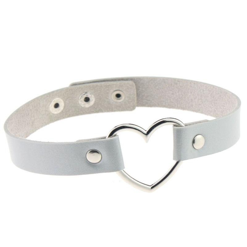 Handmade PU leather heart choker necklace in gray with silver heart detail, perfect for gothic and punk styles.
