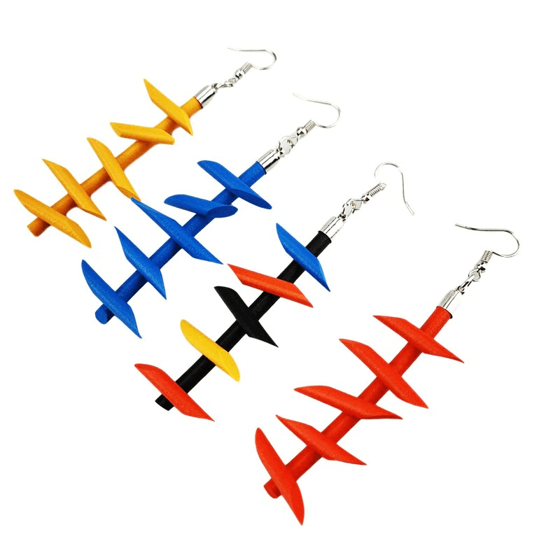 Colorful handmade rubber long earrings in gothic style for women, featuring blue, red, yellow, and black designs.