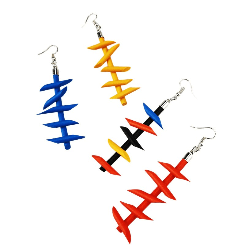 Colorful handmade rubber long earrings for women, featuring gothic design in blue, yellow, black, and red.