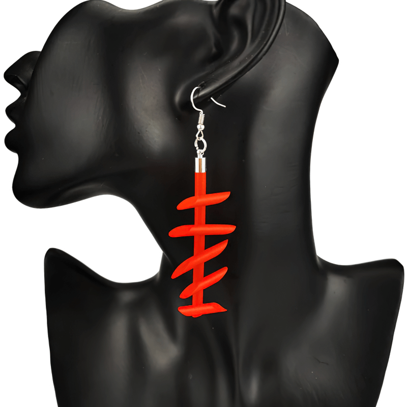 Handmade gothic rubber long earrings for women, stylish red silicone jewelry, unique fashion accessory.