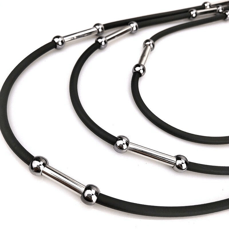 Handmade black rubber necklace with silver accents, perfect for casual Bohemian outfits.