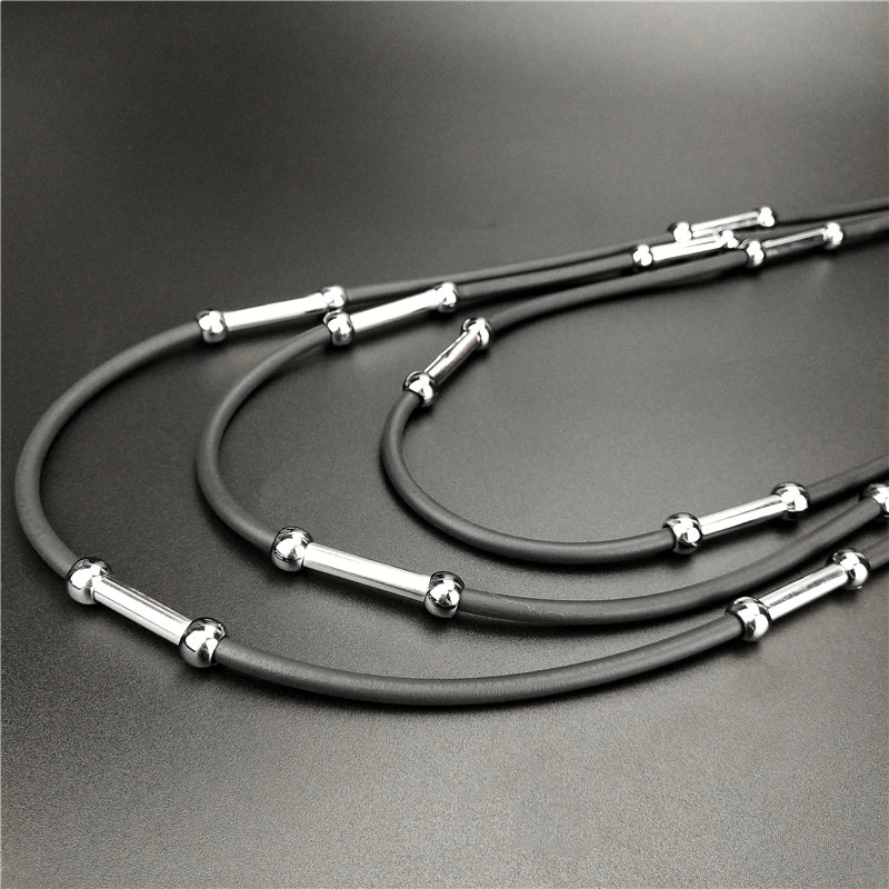 Handmade women's black rubber necklace with silver accents, perfect Bohemian casual accessory, stylish and versatile.