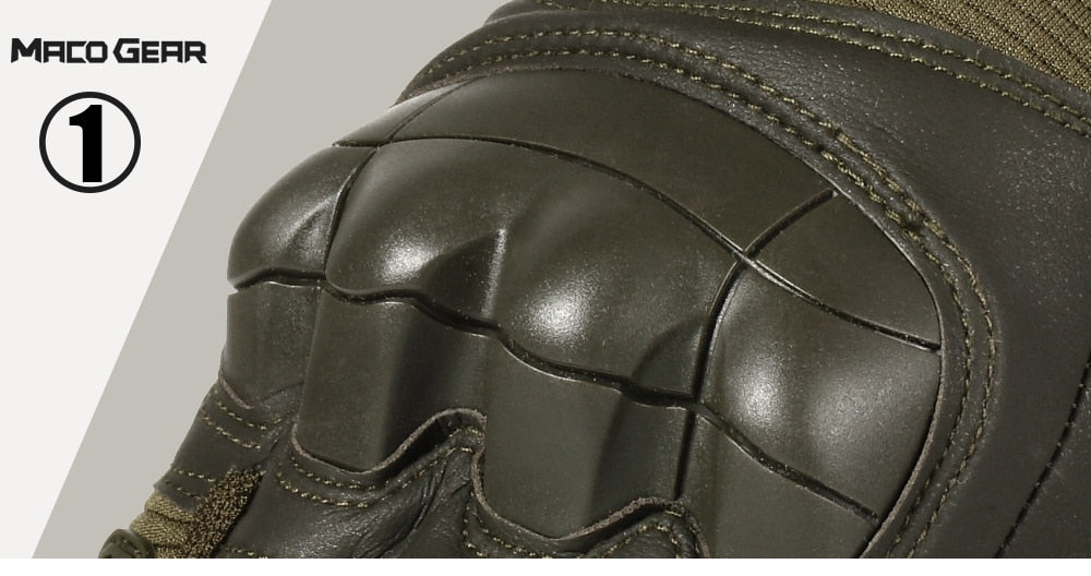 Close-up of hard knuckle tactical gloves showing durable PU leather texture and protective padding.