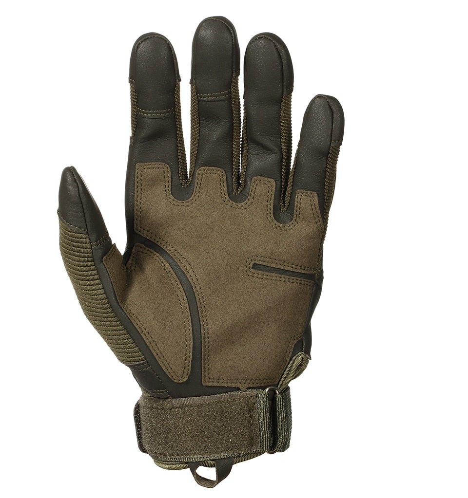 Hard knuckle tactical glove in olive green, designed for military combat and sports use.