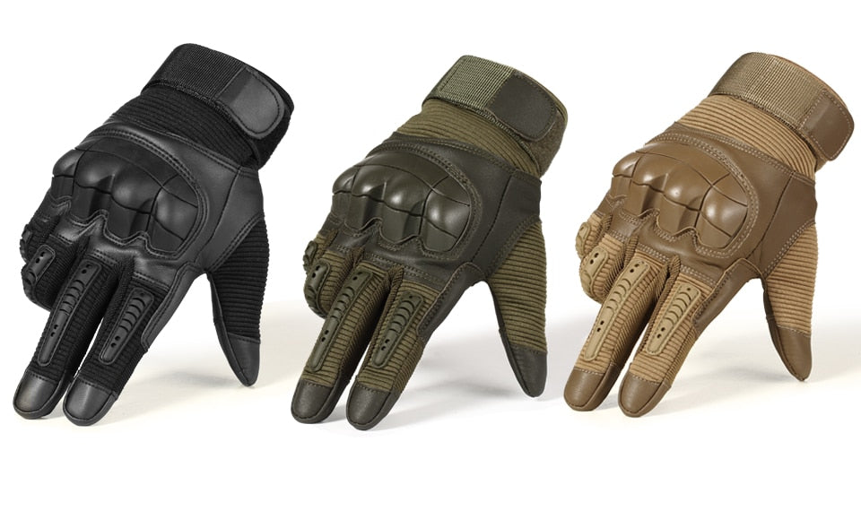 Hard Knuckle Tactical Gloves in black, green, and tan for army, paintball, and sports activities.