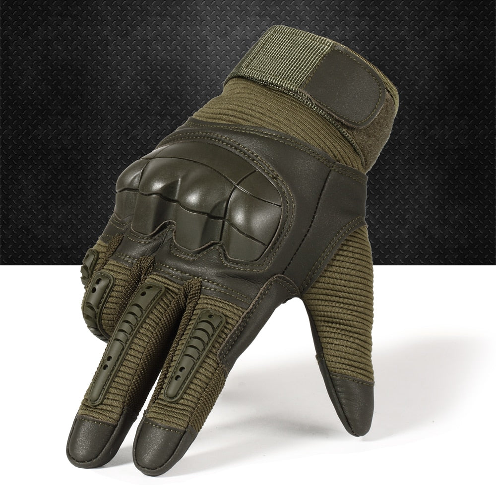 Close-up of hard knuckle tactical gloves in olive green, perfect for combat, paintball, and outdoor sports activities.