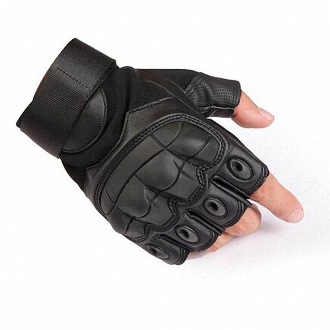 Black hard knuckle tactical gloves for military, paintball, and combat sports, featuring durable PU leather and adjustable wrist strap.
