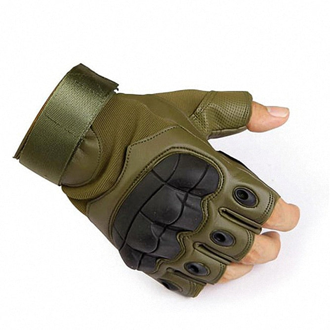 Hard knuckle tactical gloves in olive green, designed for combat, shooting, and outdoor sports, featuring protective padding.