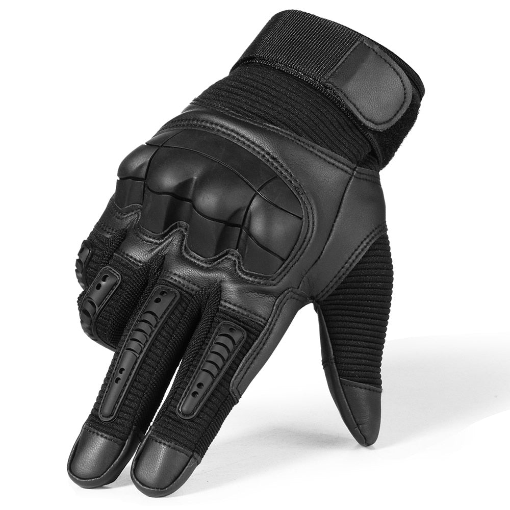 Black hard knuckle tactical gloves designed for combat, shooting, and outdoor sports with a snug fit and protection.