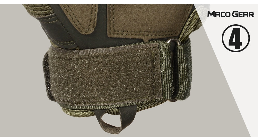 Close-up of hard knuckle tactical gloves showing adjustable wrist strap and textured material for combat protection.