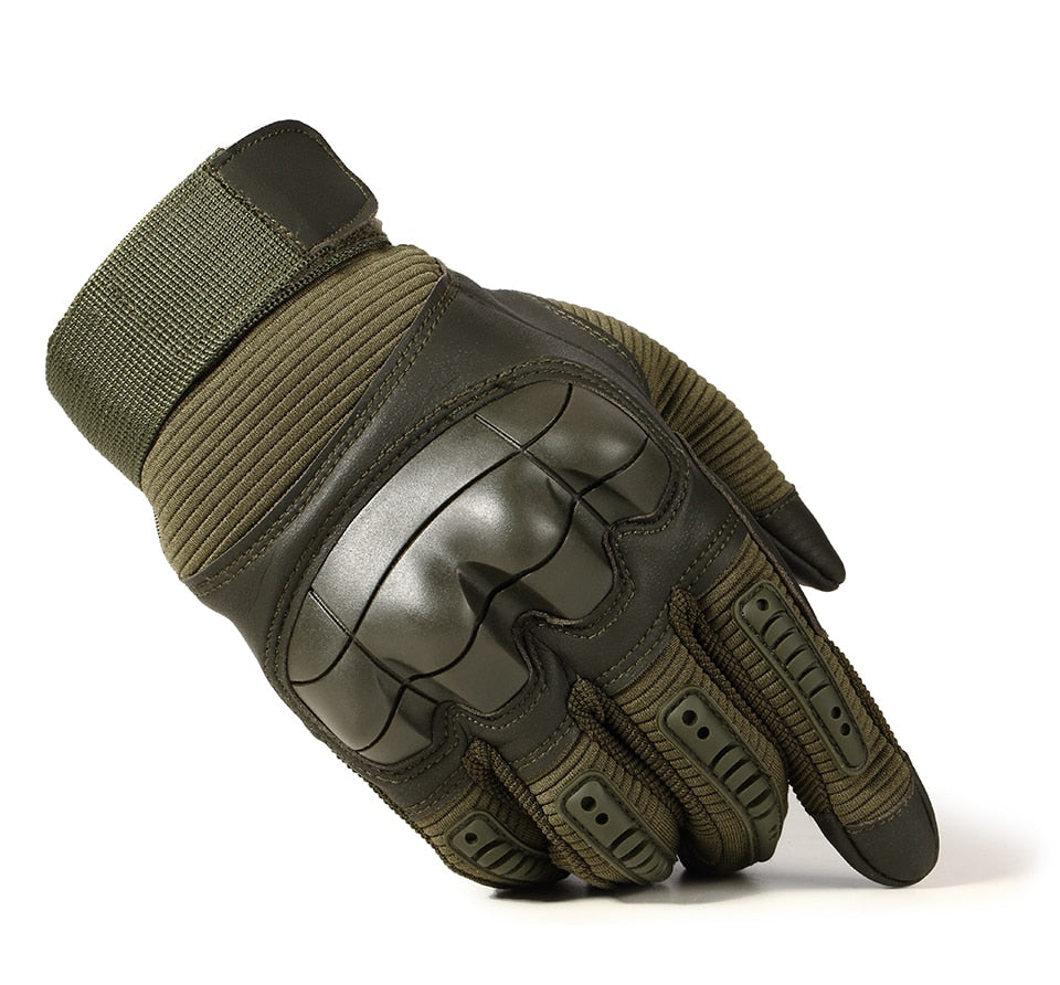 Hard knuckle tactical gloves in olive green for combat, paintball, cycling, and sports, featuring protective padding.