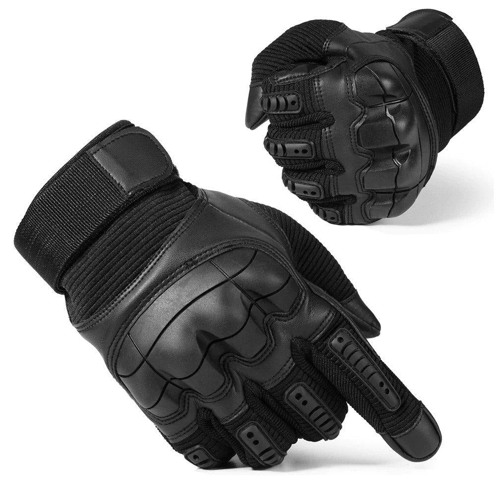 Hard knuckle tactical gloves in black, designed for combat, paintball, and outdoor sports.