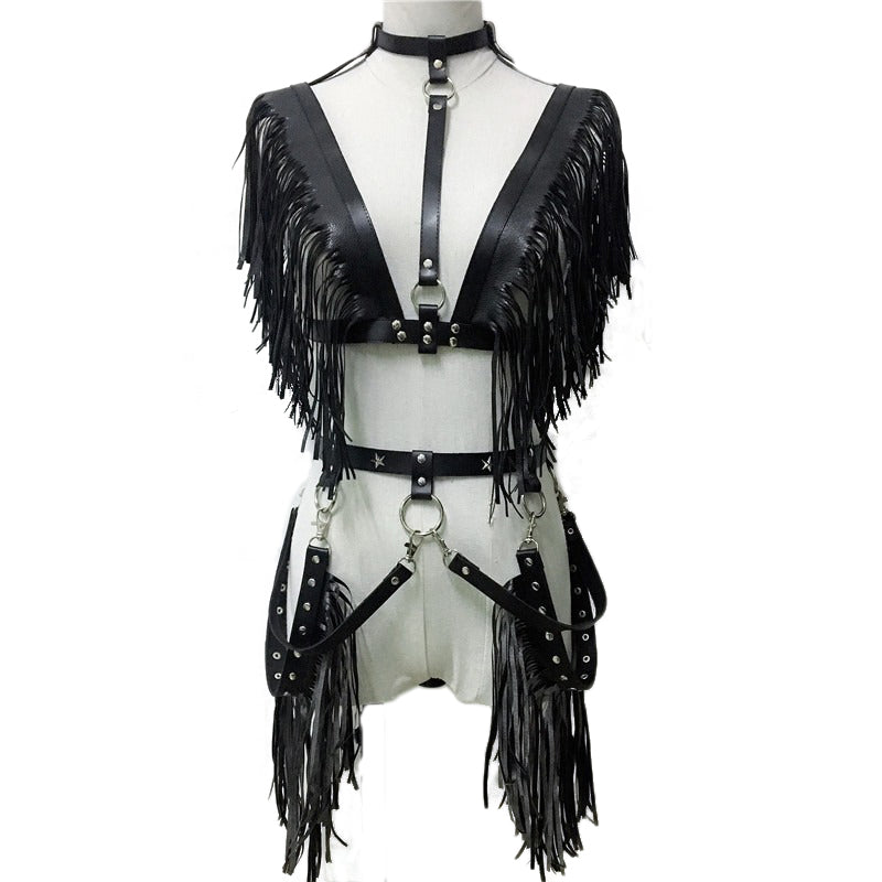 Hard Rock Leather Crop Top / Hollow Out Women Gothic Chain Tank Tops / Rave Festival Tops - HARD'N'HEAVY