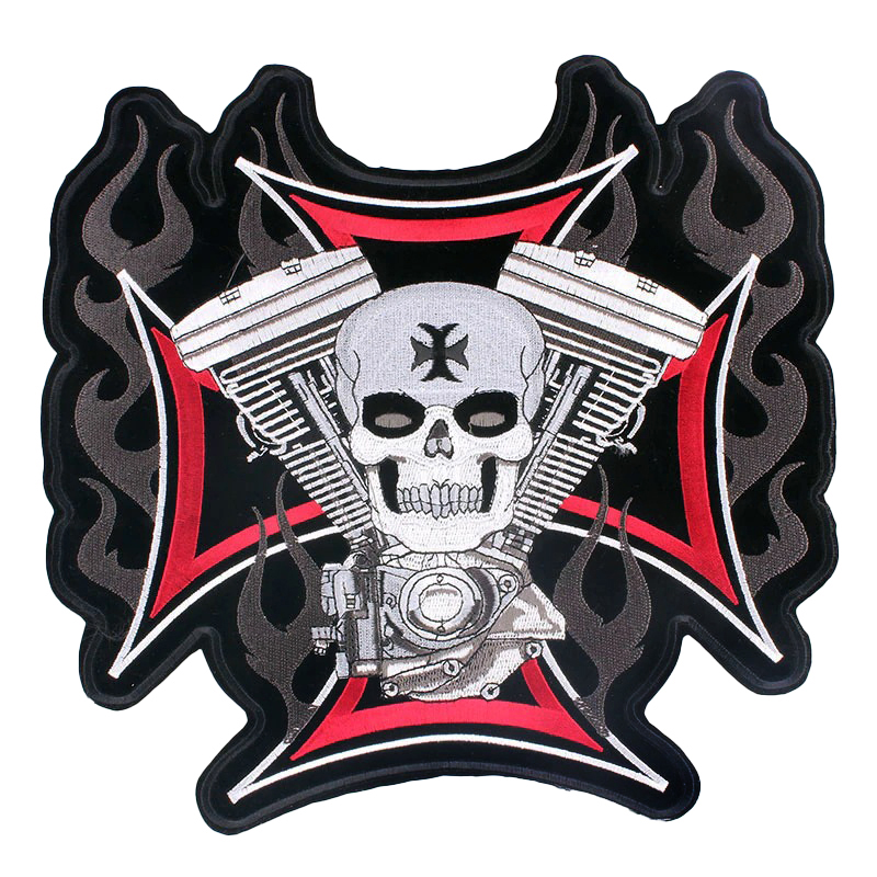 Large embroidered biker patch featuring a skull and motorcycle engine design with black flames for jackets.