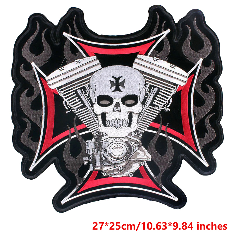 Harley skull print iron-on patch with flames, perfect for biker jackets and clothing, 27x25cm design.