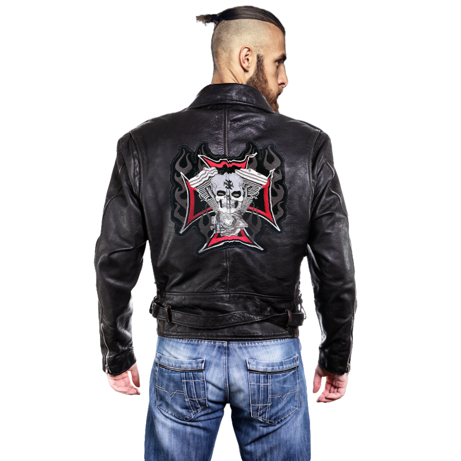 Man wearing a black leather jacket with a skull and flames embroidered patch on the back, showcasing a bold biker style.