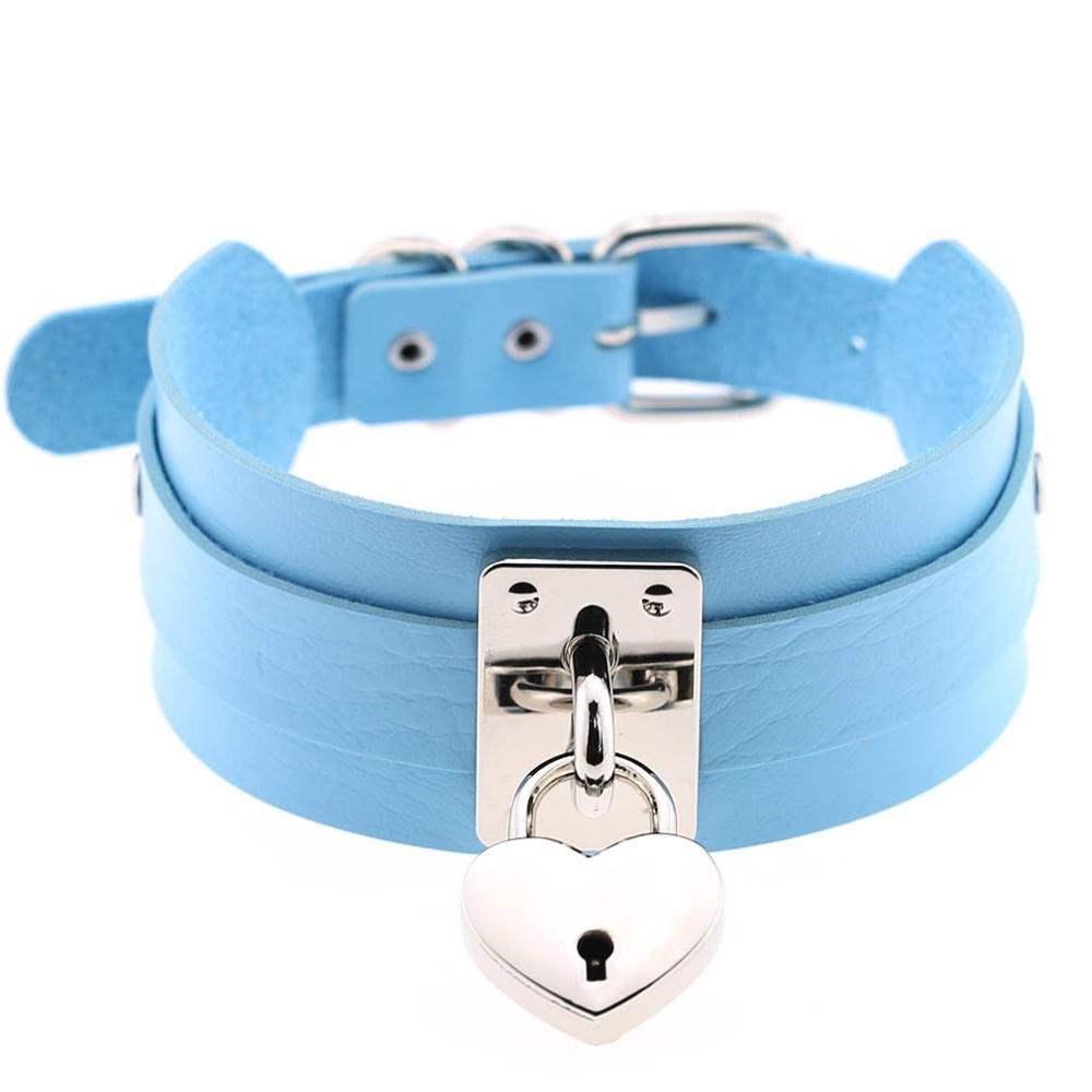 Blue heart choker locket necklace with metallic lock, perfect for gothic or rock-style outfits.