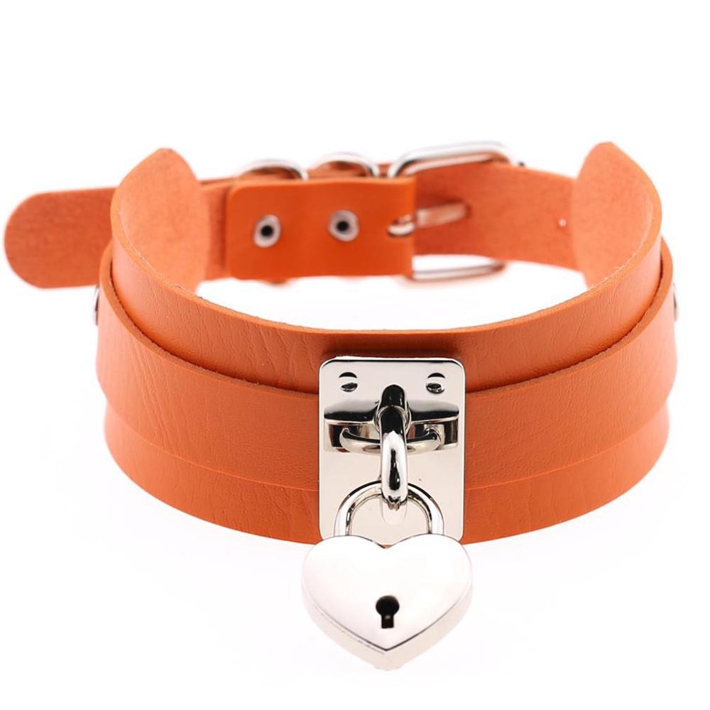 Gothic heart choker necklace made of orange leather with a metal heart lock, perfect for rock-style outfits.