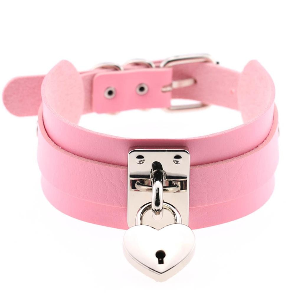 Pink heart lock choker necklace, stylish collar perfect for gothic rock outfits, featuring a secure zinc lock.