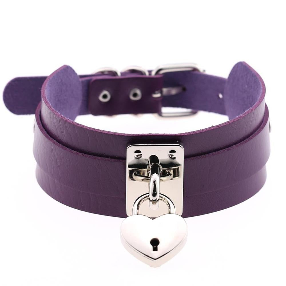 Purple leather heart locket choker necklace with a silver lock, perfect for gothic rock fashion.