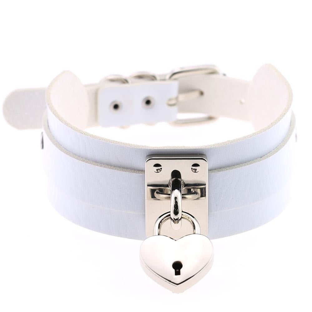 Gothic style heart choker locket necklace in white leather with metal lock for a unique rock-inspired look.
