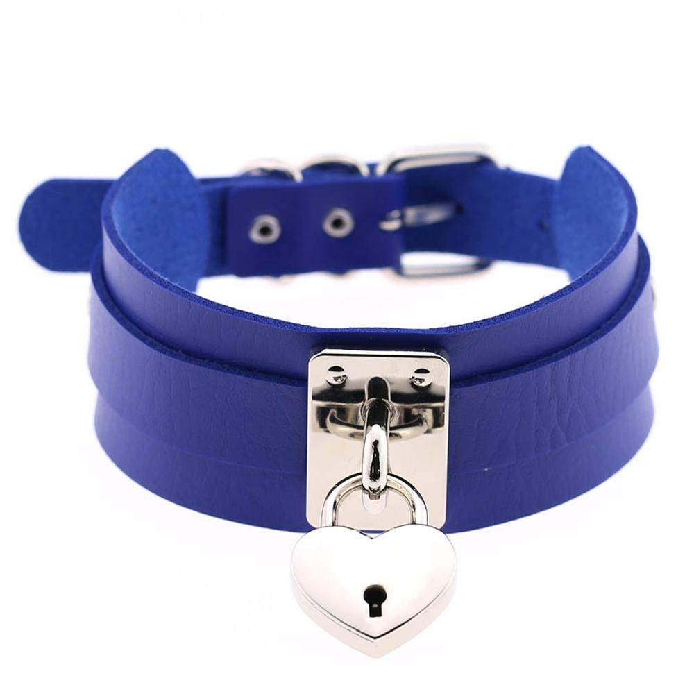 Gothic style heart lock choker necklace in blue leather with metal heart lock for unisex rock fashion.