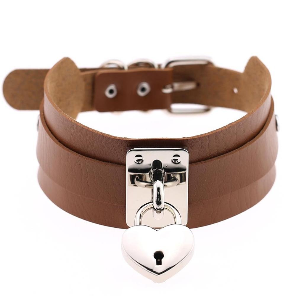Heart choker locket necklace in brown leather with oversized silver lock for a gothic rock style.