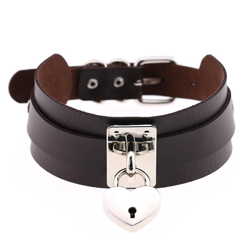 Heart choker locket necklace featuring a stylish silver lock and leather band, perfect for a gothic rock look.