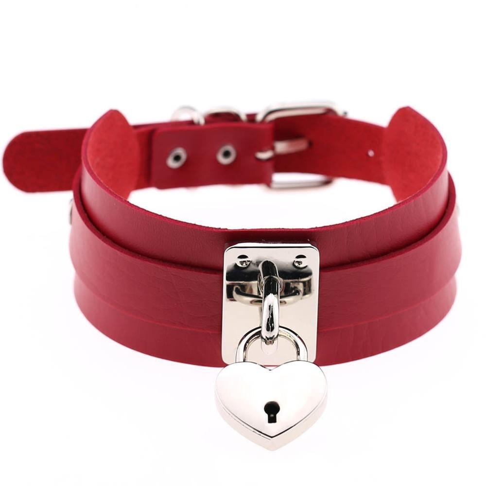 Red leather heart choker locket necklace with silver lock, perfect for gothic rock style outfits.