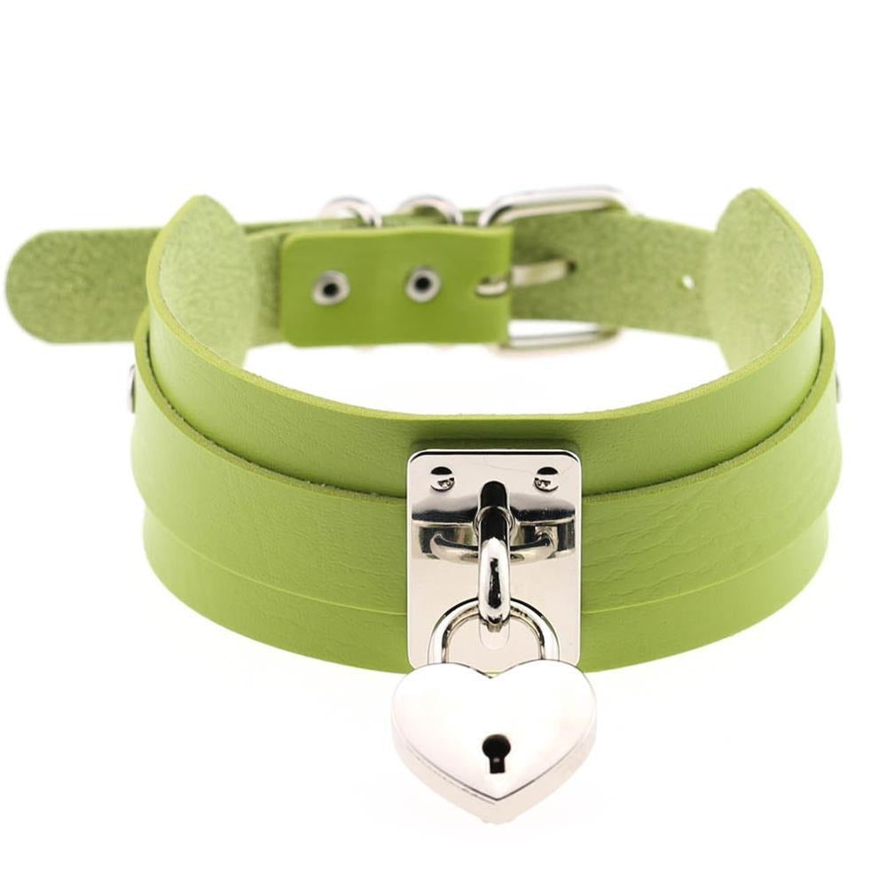 Green leather heart choker necklace with metal lock, perfect for gothic and rock styles, unisex accessory.