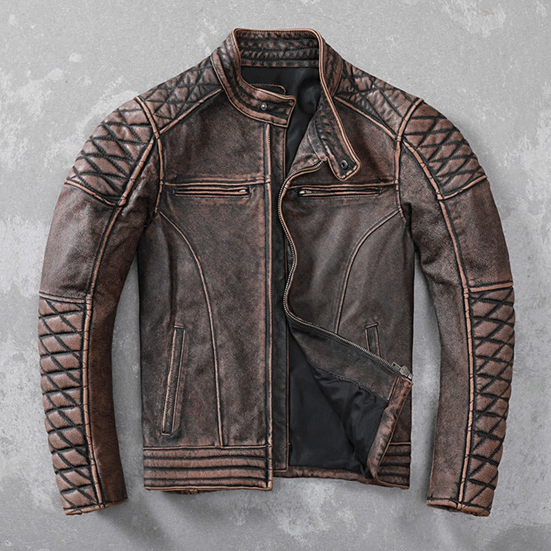 Heavy Genuine Leather Motorcycle Jacket / Men's Vintage Brown Slim Biker Cowhide Coat - HARD'N'HEAVY