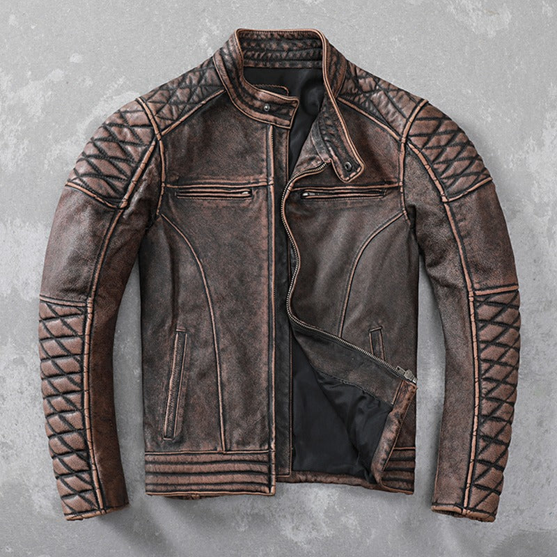 Vintage brown genuine leather motorcycle jacket with quilted details and O-neck collar for men's stylish biker look.