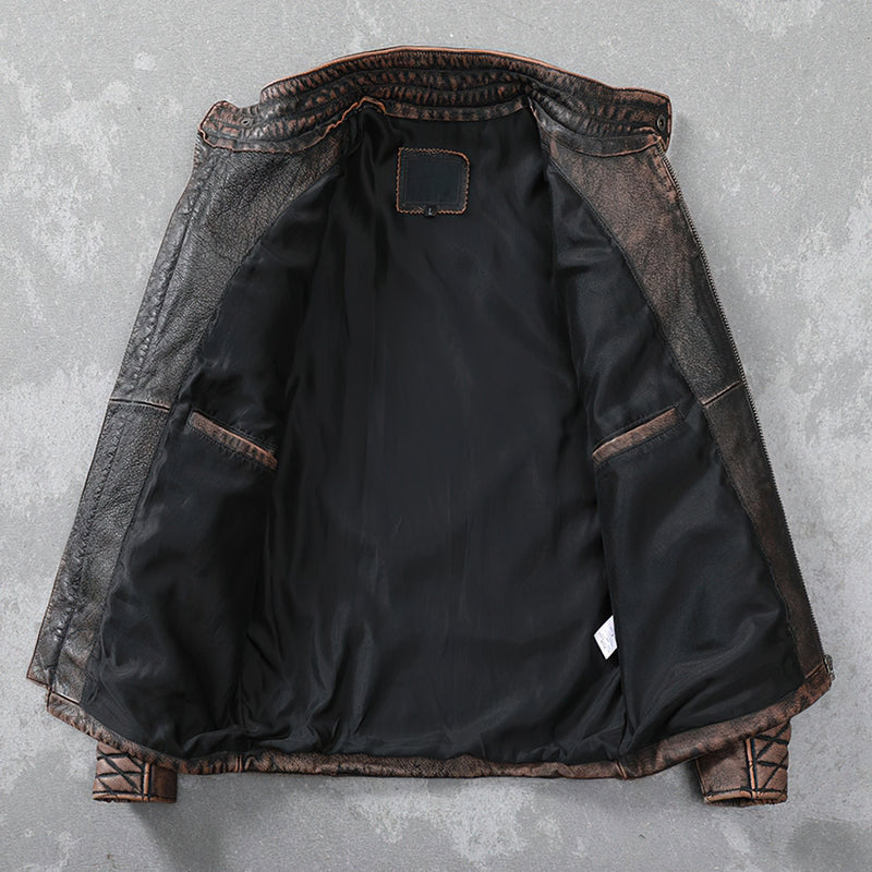 Interior view of a vintage men's leather motorcycle jacket featuring convenient pockets and an O-Neck collar.