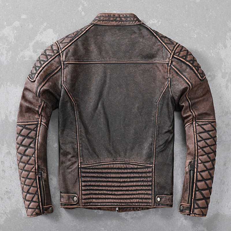 Back view of a vintage brown genuine leather motorcycle jacket with quilted detailing and O-neck collar.