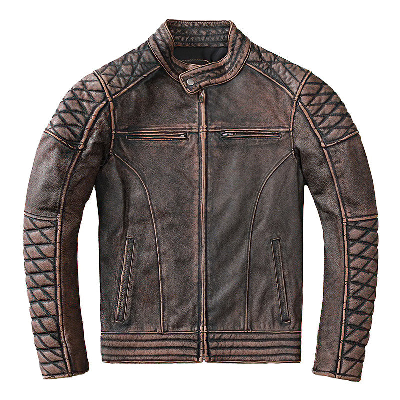 Men's vintage brown leather motorcycle jacket with quilted shoulders and zippers, perfect for a stylish ride.