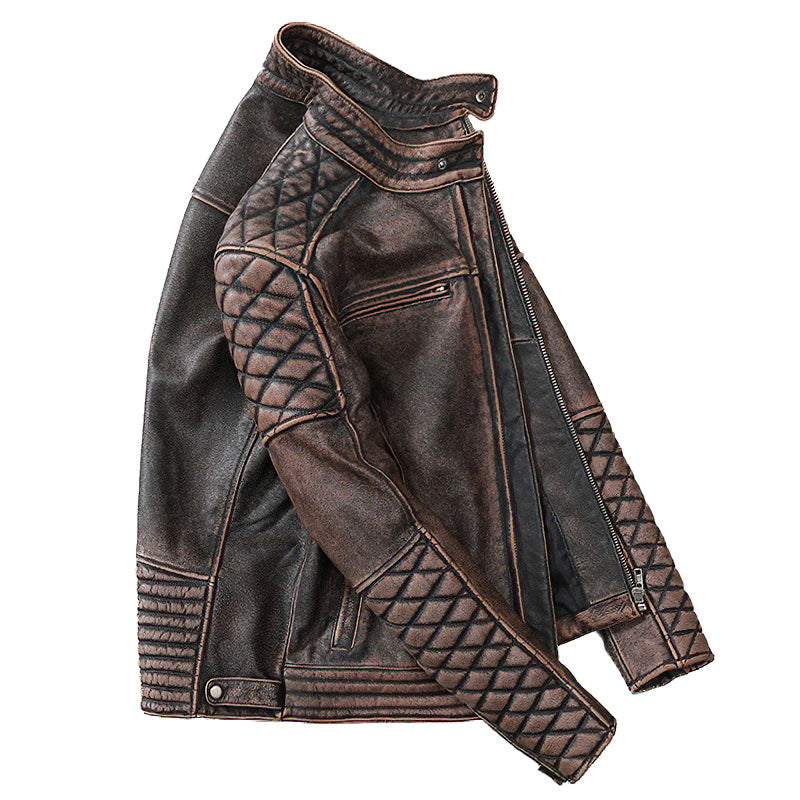 Vintage brown genuine leather motorcycle jacket with quilted design and O-Neck collar, perfect for stylish bikers.