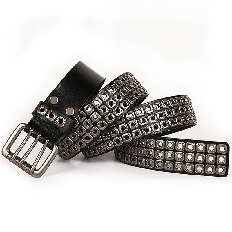 Heavy metal cowboy belt made of genuine leather, adorned with rivets, perfect for stylish rock accessories.