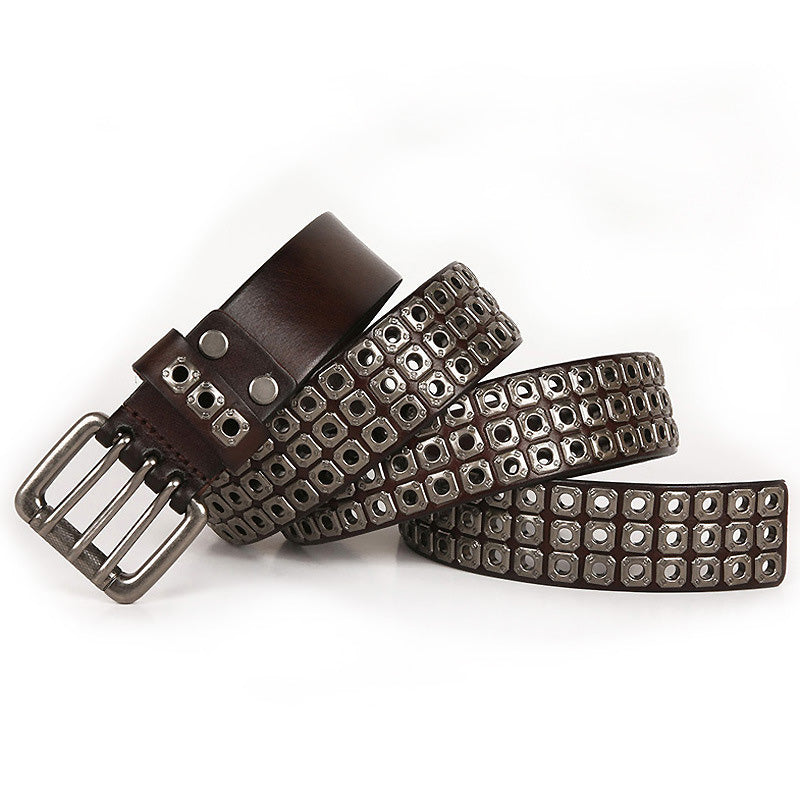 Heavy metal cowboy belt with rivets, combining genuine leather and cool western style.