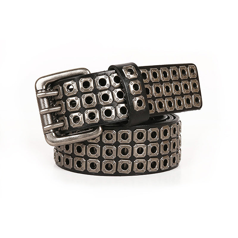 Heavy metal cowboy belt with rivets, showcasing a stylish design in genuine leather for men and women.