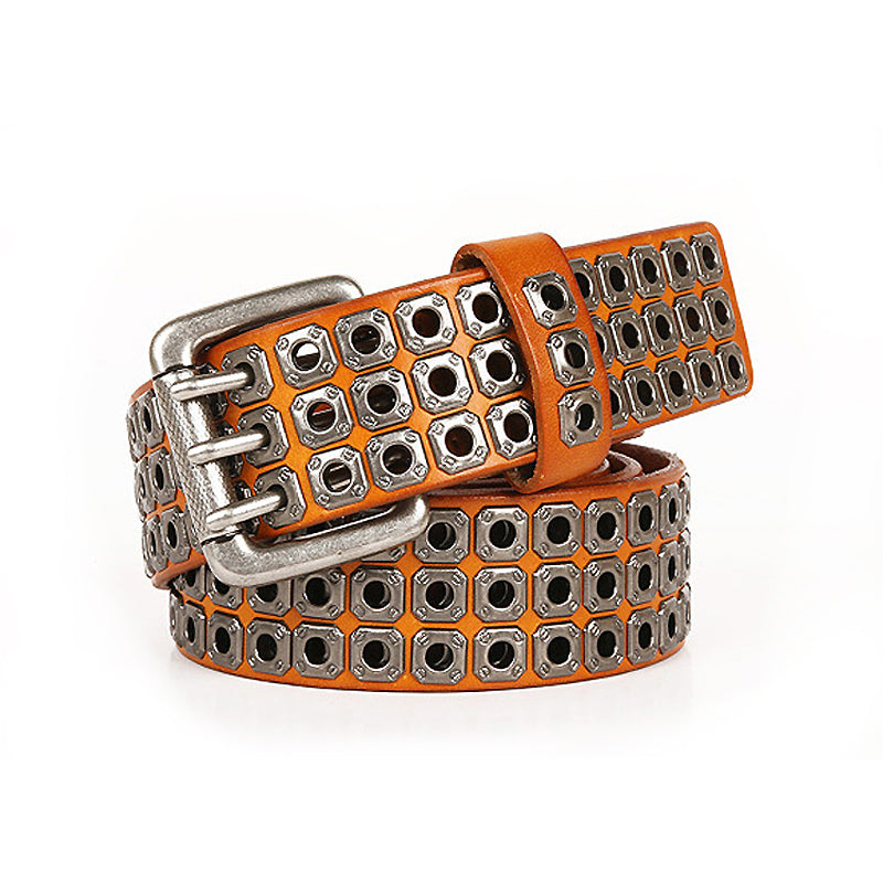 Heavy metal cowboy belt with rivets, a stylish blend of genuine leather and metallic elements, perfect for cosplay or casual wear.