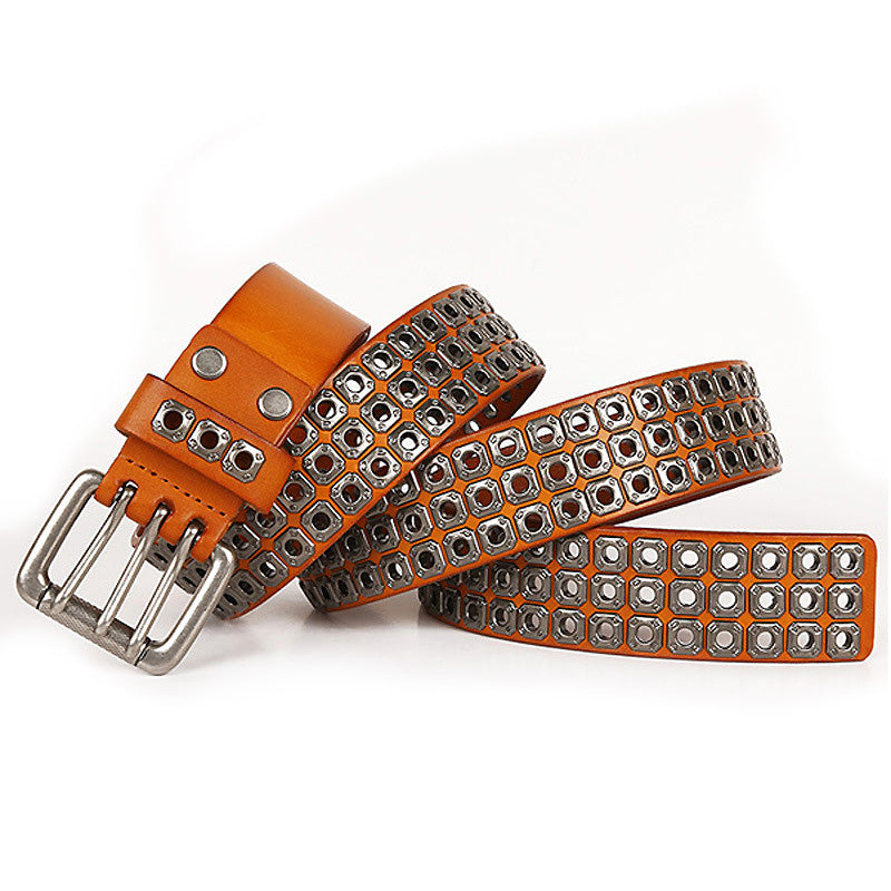 Heavy Metal Cowboy Belt with rivets, stylish genuine leather belt for men and women, perfect for cosplay and western vibes.