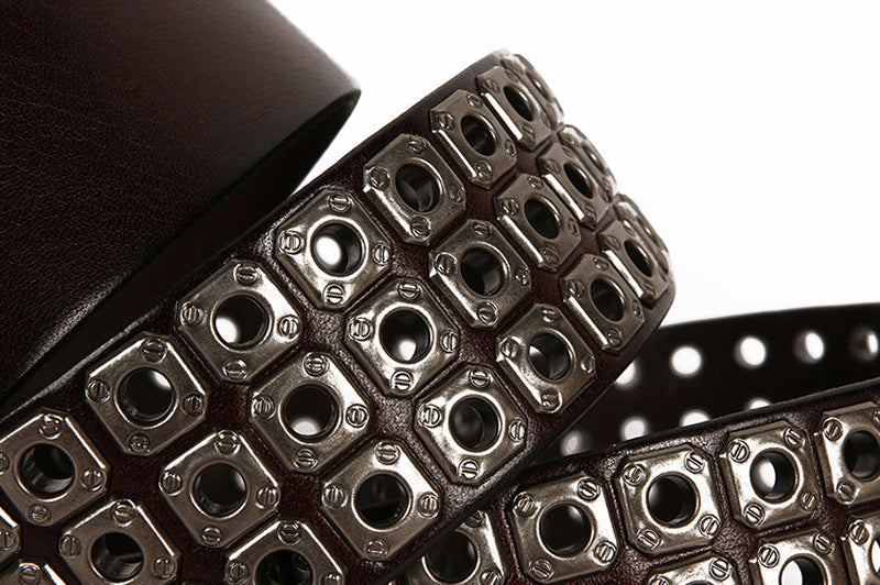 Heavy Metal Cowboy Belt with rivets, combining leather and metal for a bold western style. Perfect for cosplay parties!